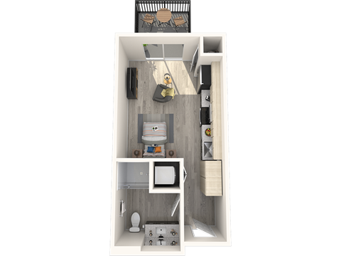 a stylized floor plan of a bedroom with a bathroom